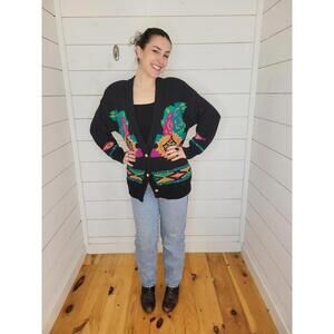Vintage 80s 90s I.B. DIFFUSION small black southwestern aztek cardigan sweater